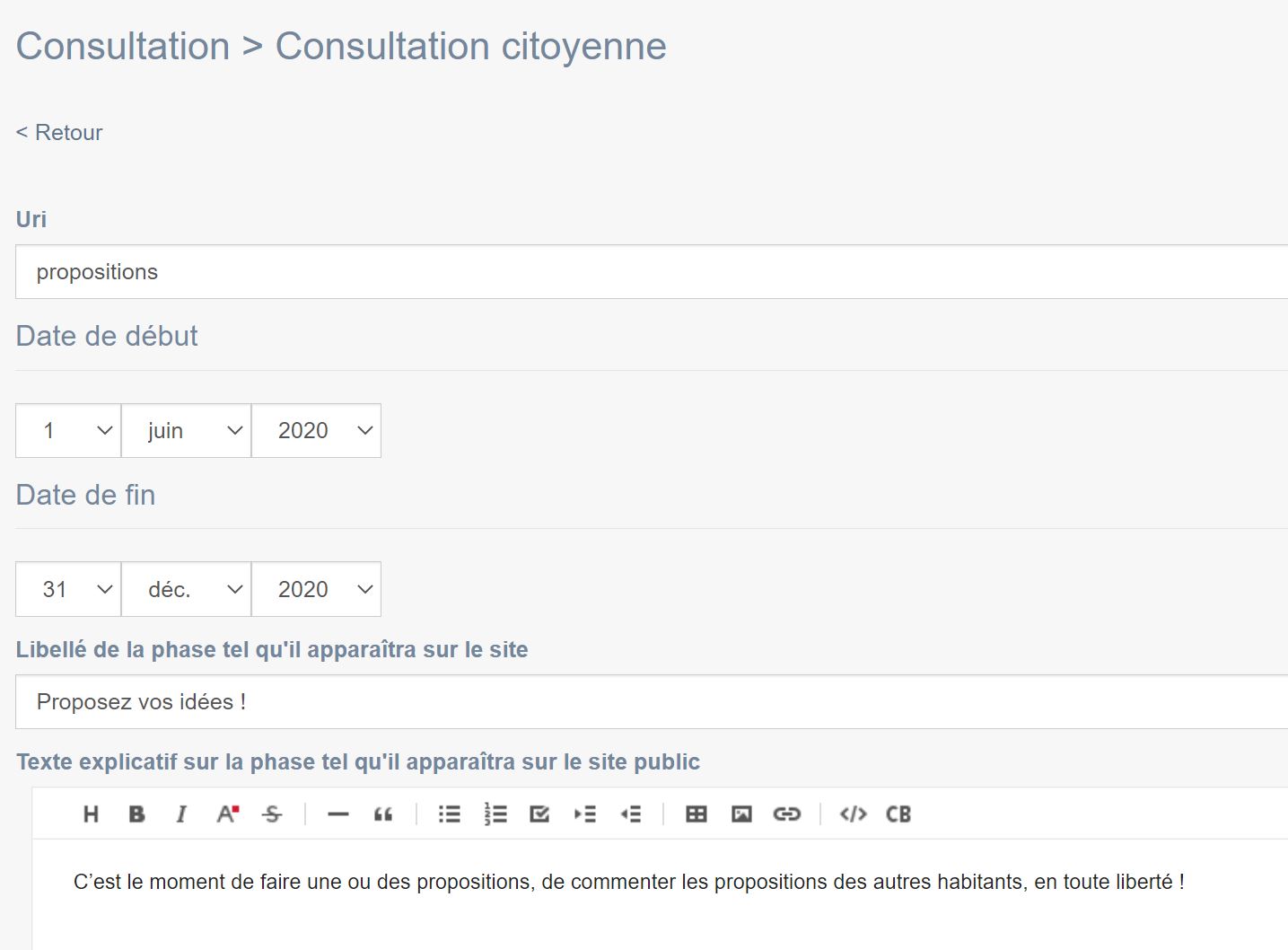 Exemple de l'une interface de paramétrage d'une consultation