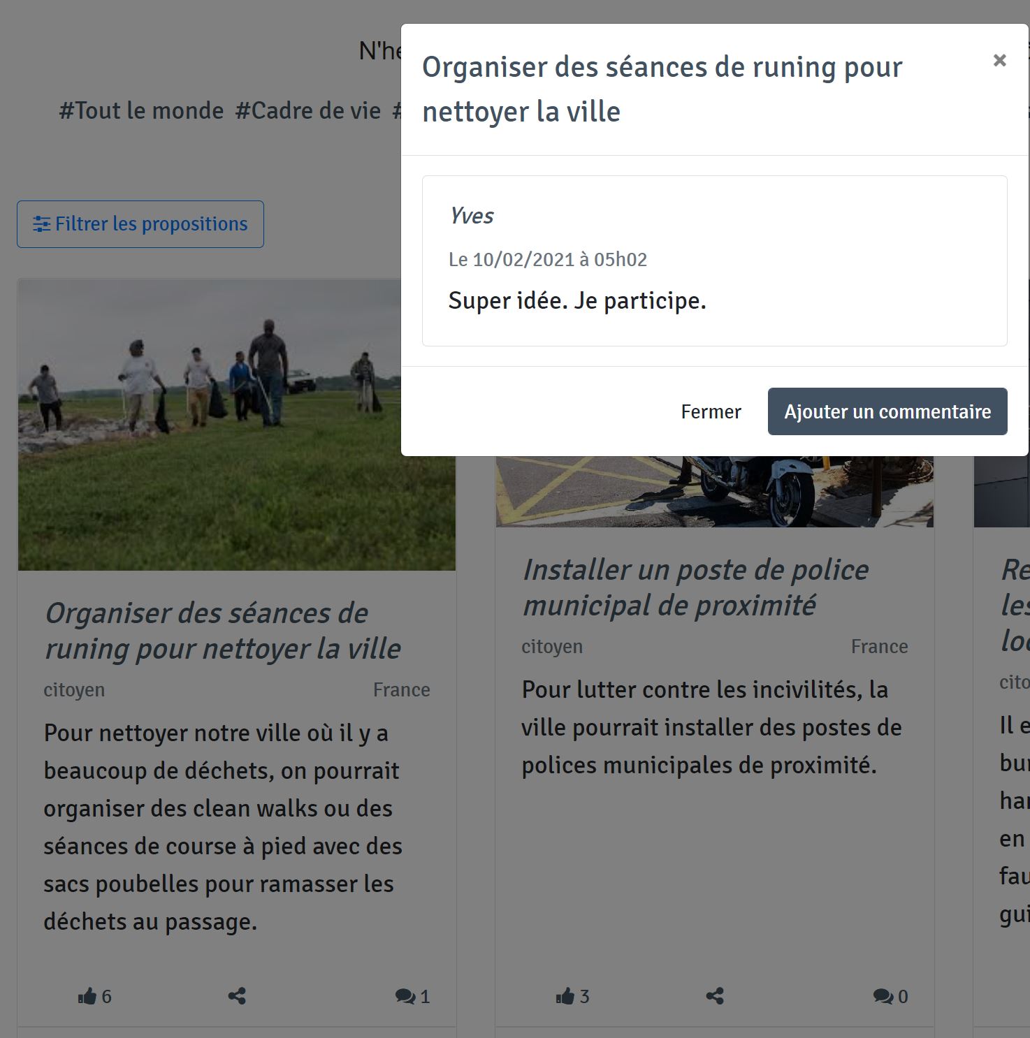 Exemple d'un habitant laissant un commentaaire à une des propositions