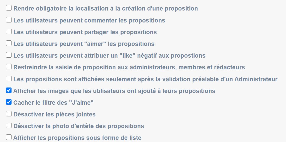 Interface de gestion des paramètres pour un budget participatif