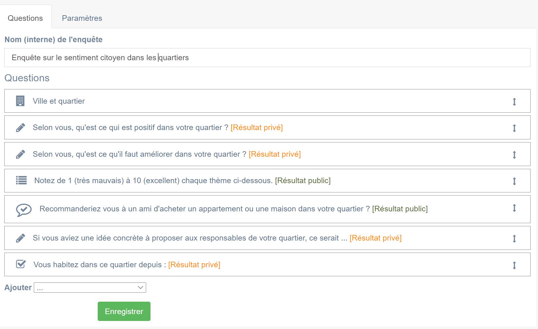 Intreface de gestion des questions