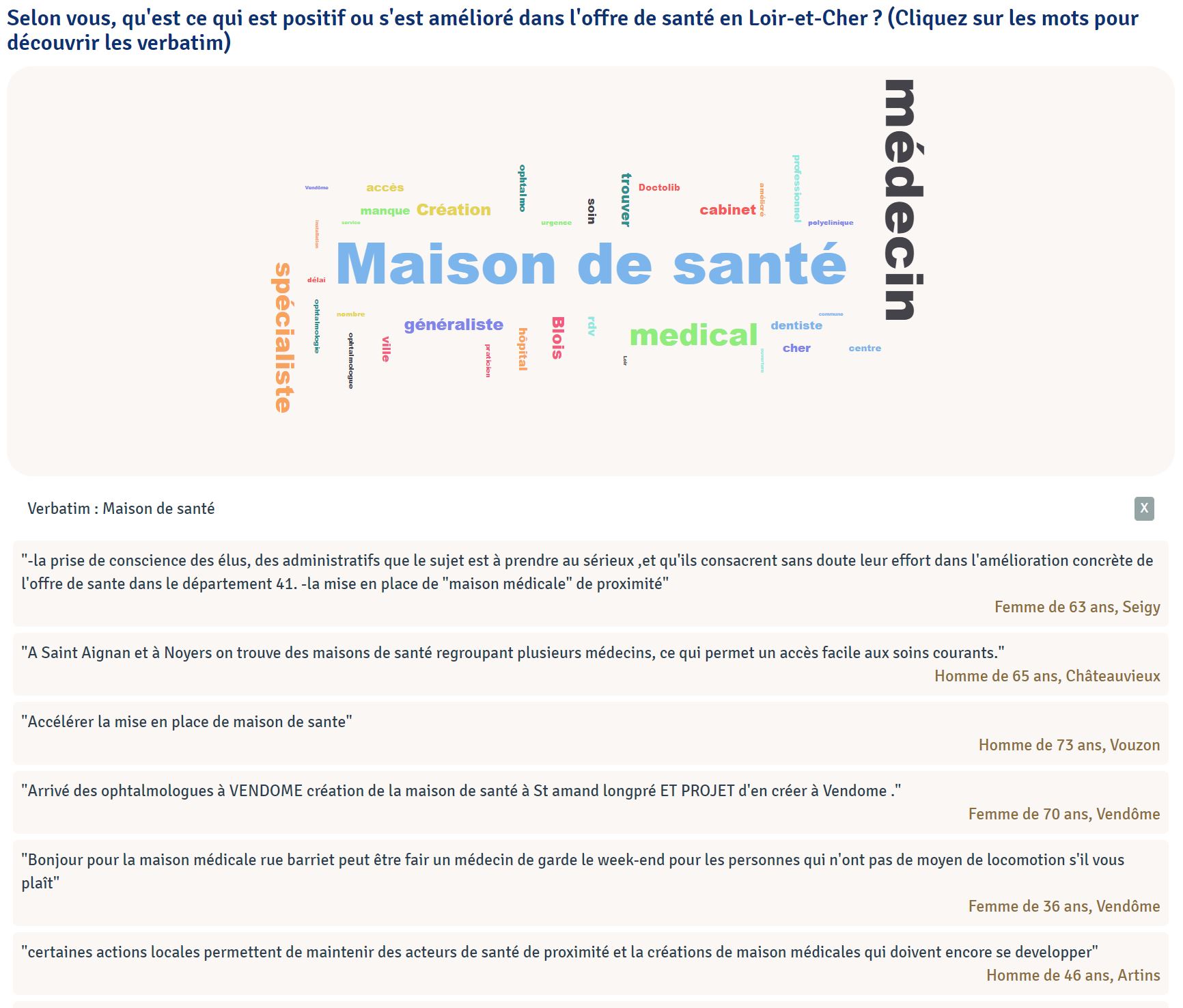 Un nuage de restitution de question ouverte avec accès aux verbatim des habitants