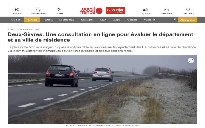 Image pour l'article DÉCOUVREZ L'ARTICLE DE OUEST-FRANCE SUR LE PARTENARIAT DES DEUX-Sèvres AVEC MON AVIS CITOYEN